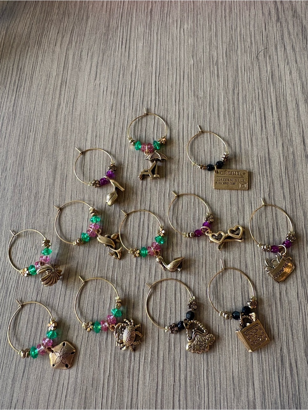 Gold-Tone Charm Wine Glass Markers - Set of 12, Pink & Green Beads